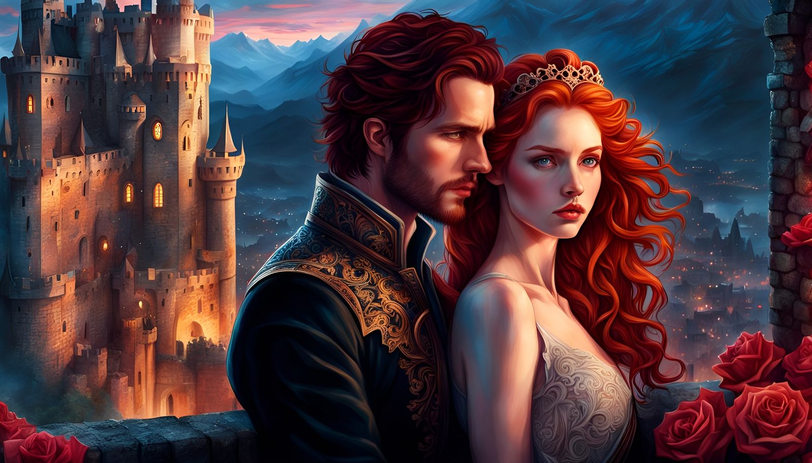 Romantic Couple on Castle Balcony at Dusk