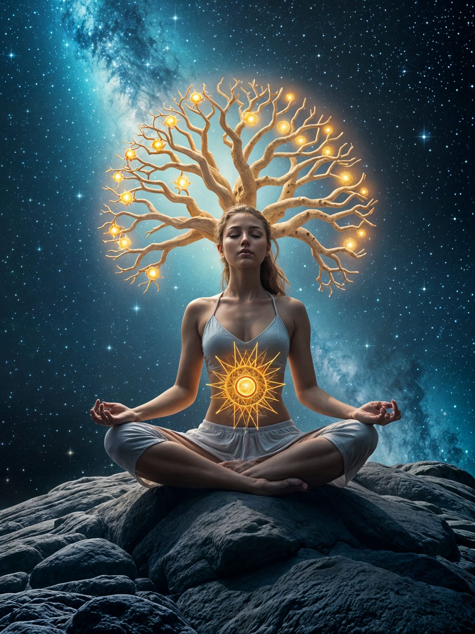 Cosmic Tree of Life Meditating Woman in Outer Space