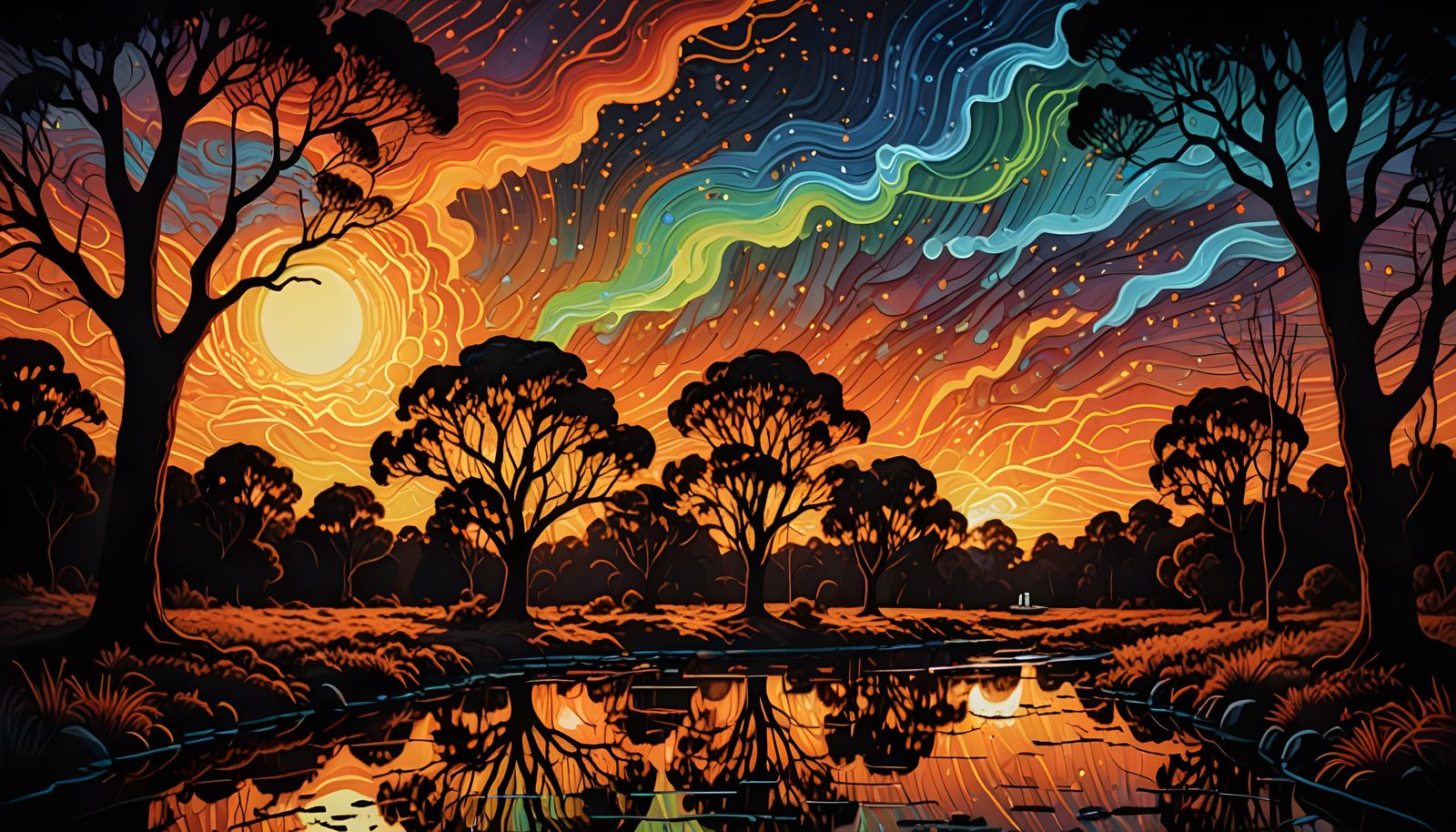 Dreamy Neon Figure in Sun Storm, Retro Art