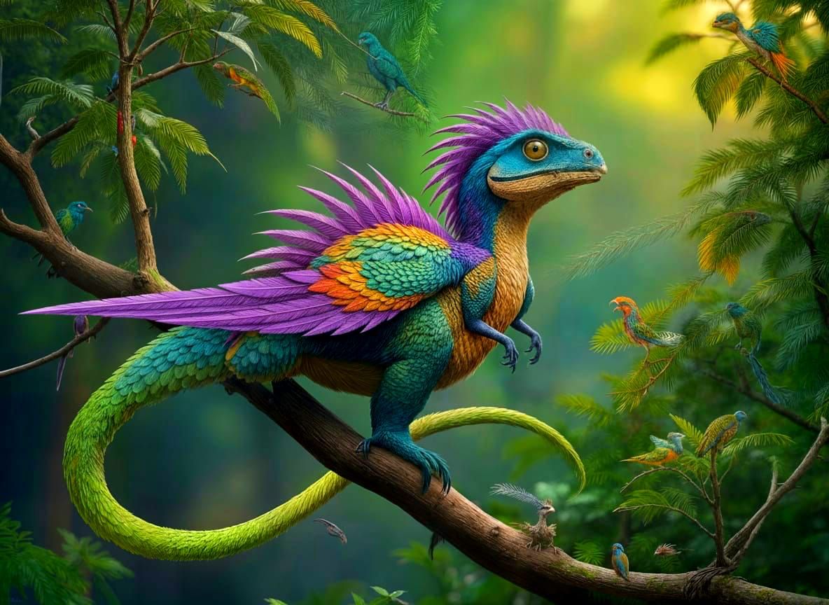 Colorful Feathered Dinosaur in Fantastic Illustration