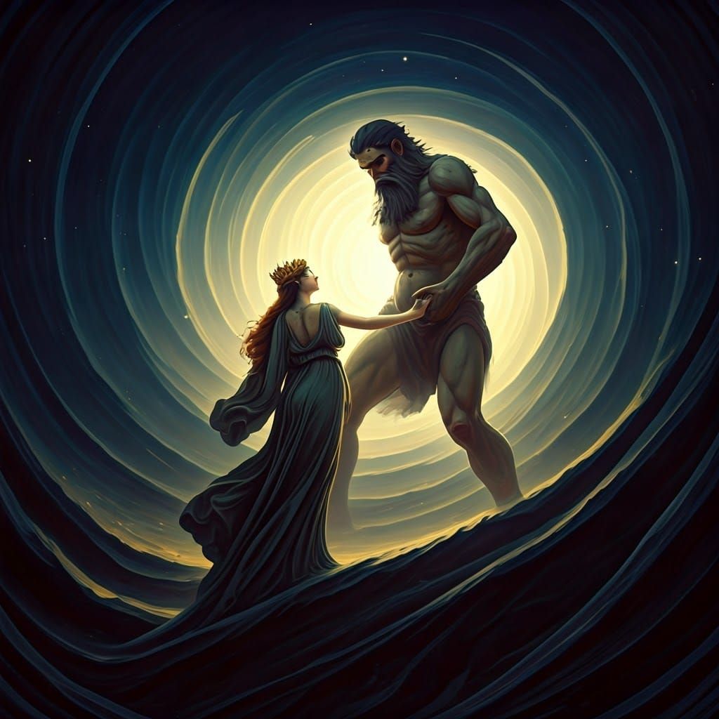 Porphyrion Attacks Hera in Dark Academia Style