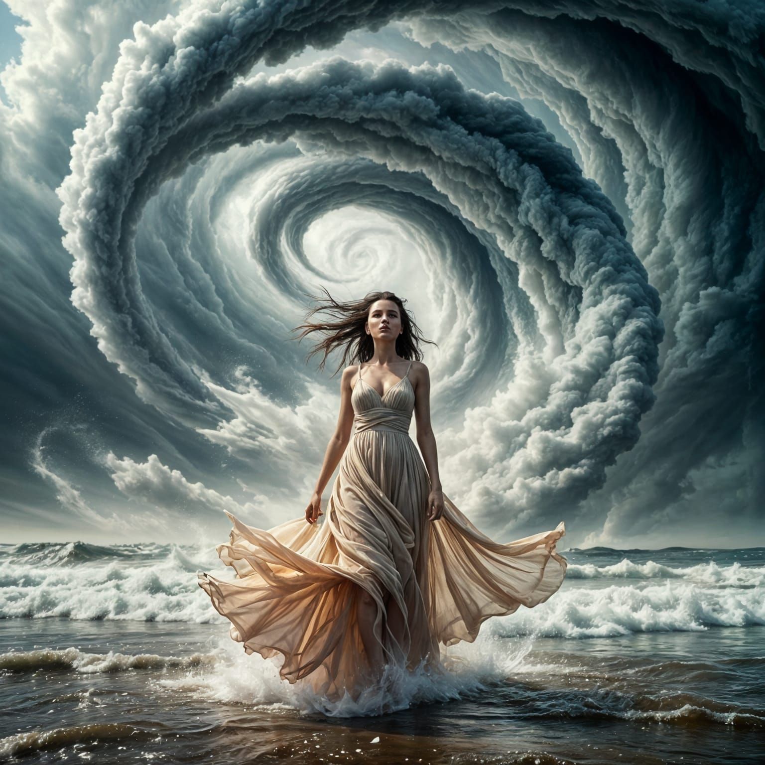 Surreal Woman Stands Calm in Hurricane Vortex
