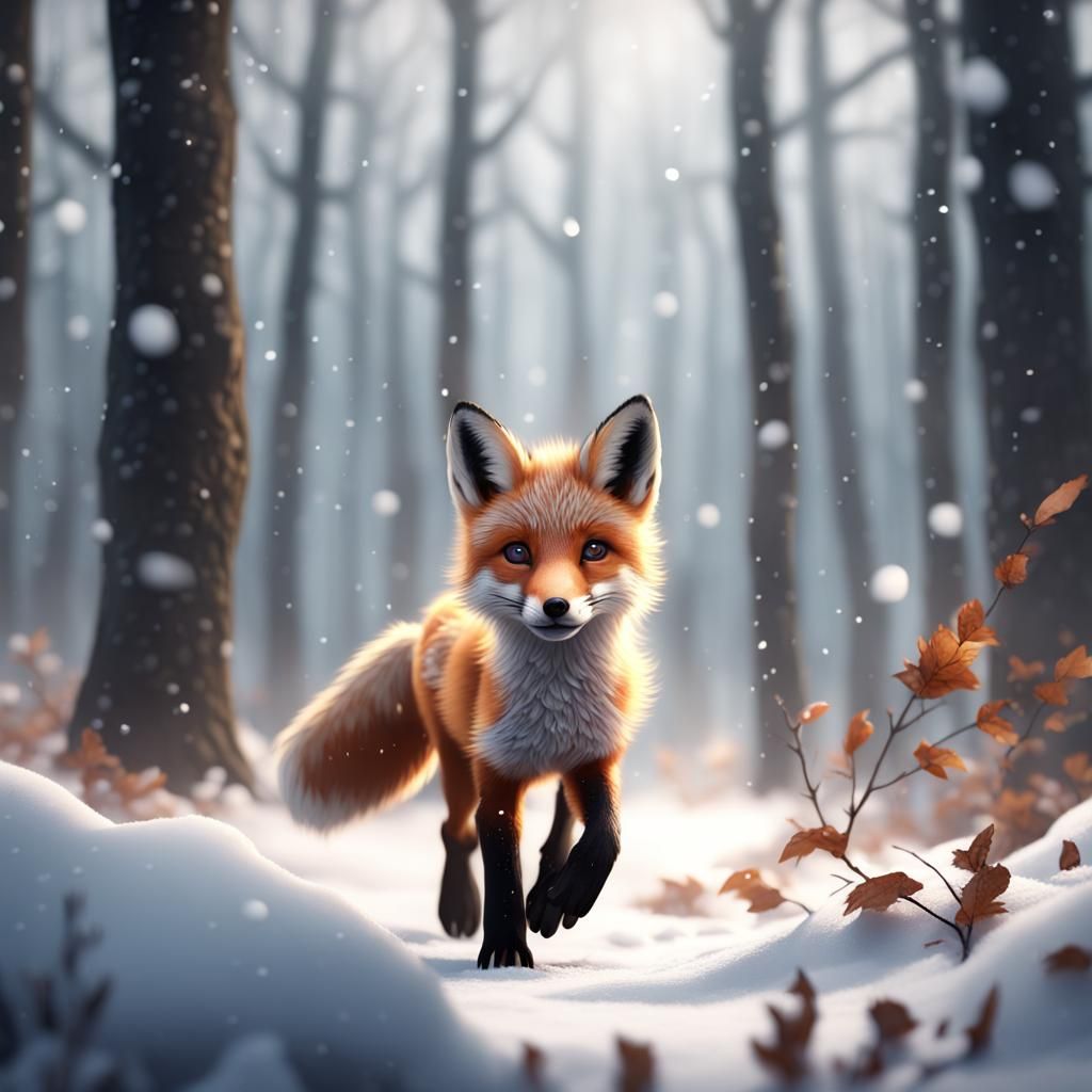 Fox Pup Runs Through Snowy Forest