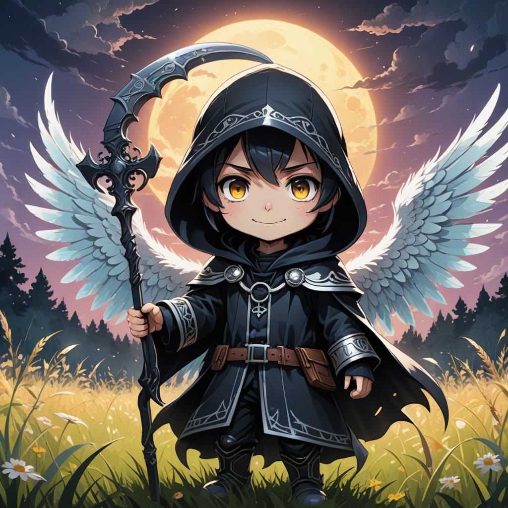 Chibi Grim Reaper Angel in Vibrant Pastel Paradise
