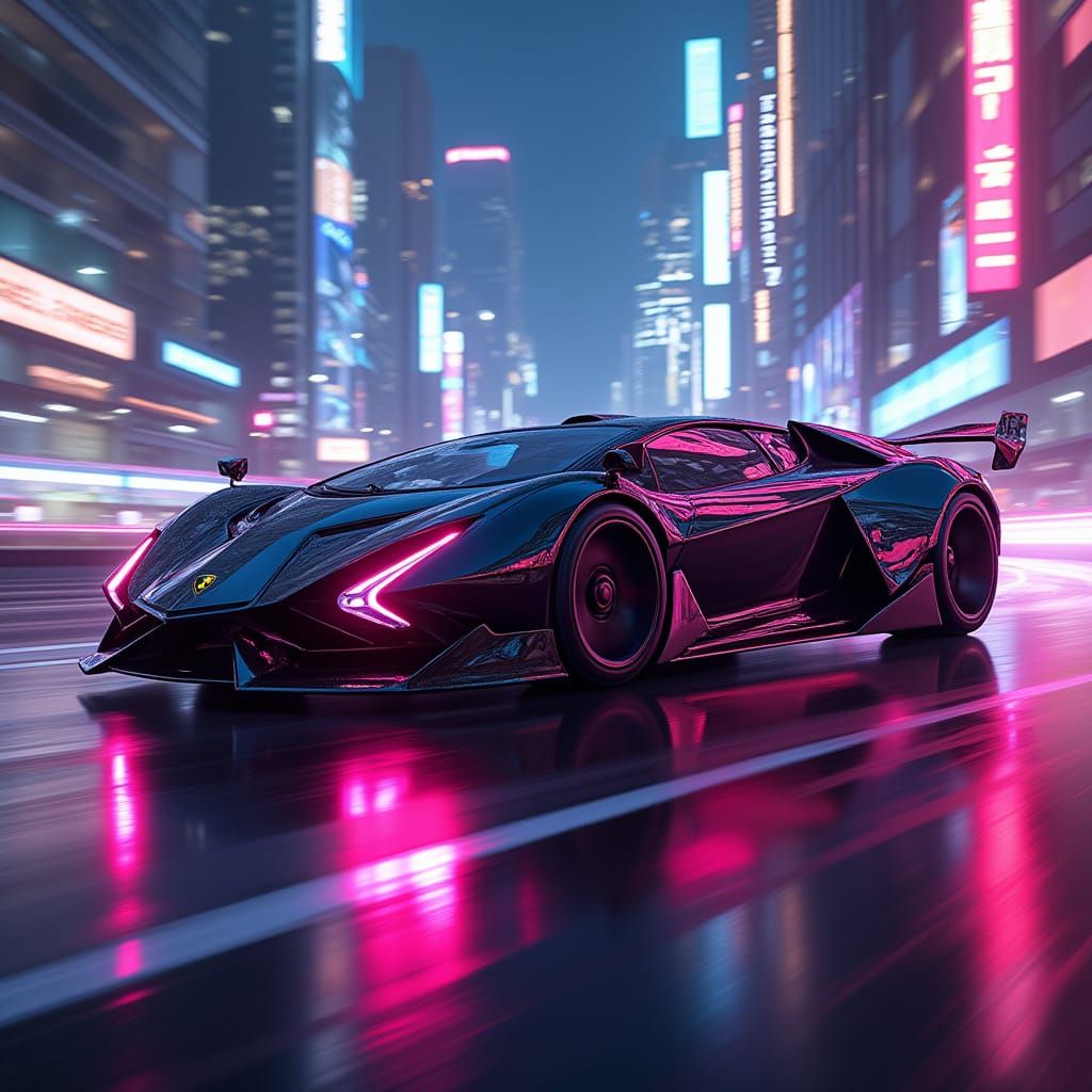 Lamborghini Spectra-X: Futuristic Hypercar in Neon Cityscape