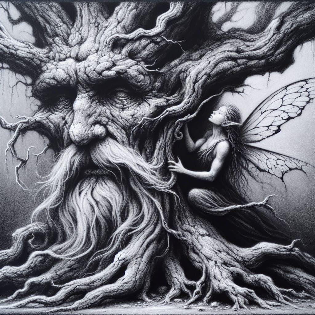 Surreal Black and White Charcoal Portrait of a Fairy and a M...