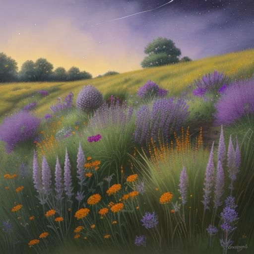 Moonlit Autumn Meadow: Hyperrealistic Watercolor and Ink