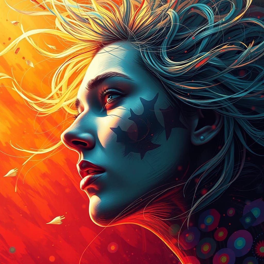 Windblown Face in Hyperrealistic Splash Art