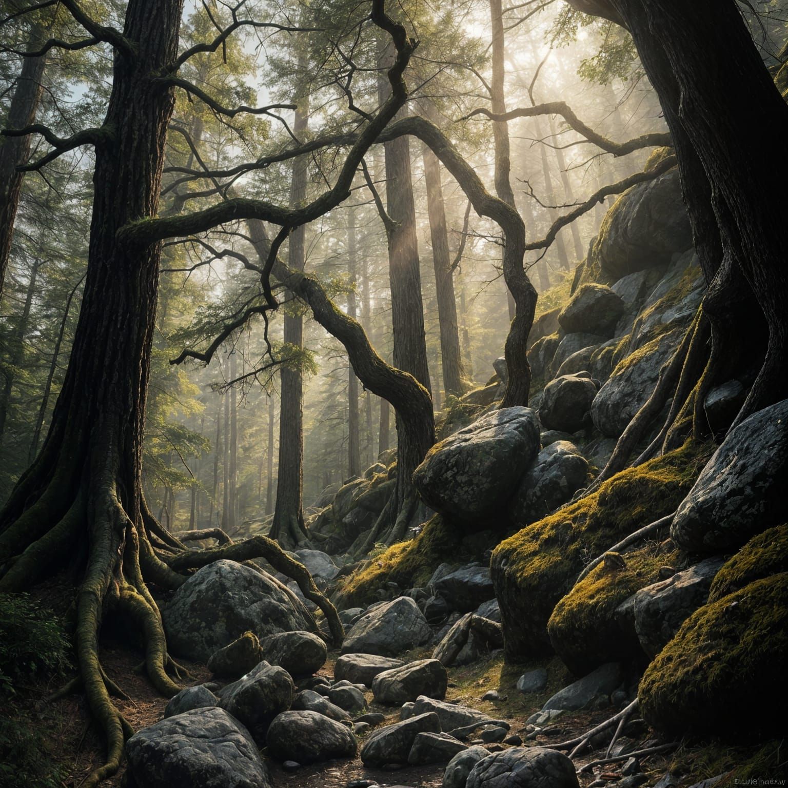 Vibrant Rocky Forest Landscape in Earth-Toned Realism