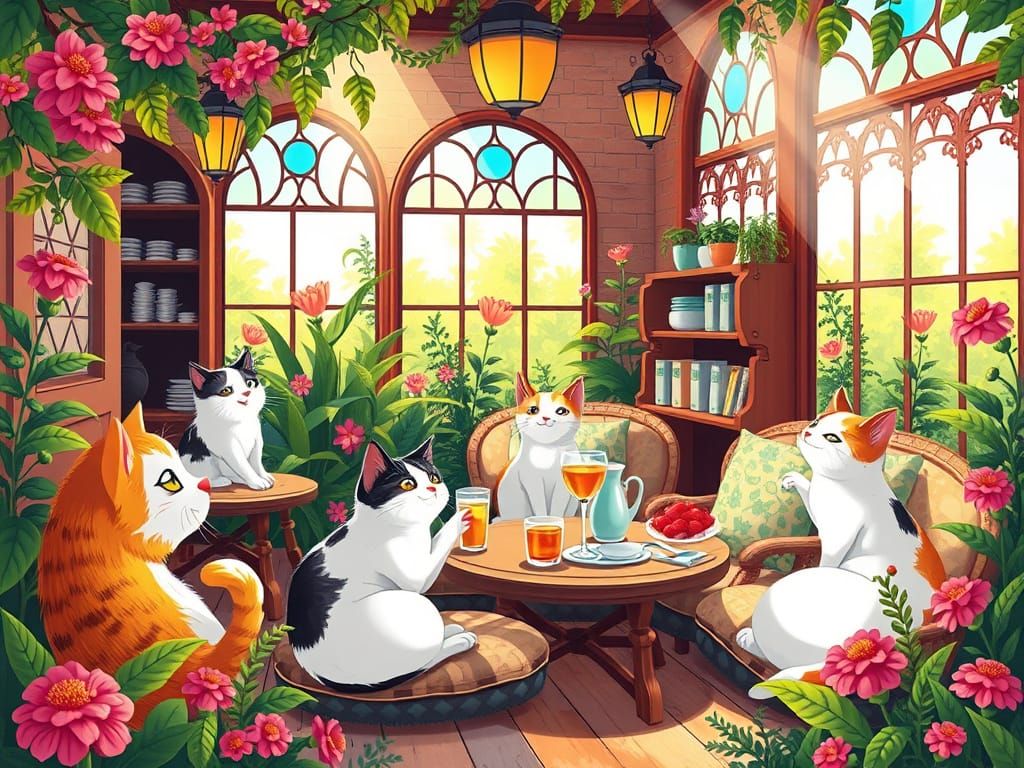 Cozy Cat Cafe in Whimsical Garden
