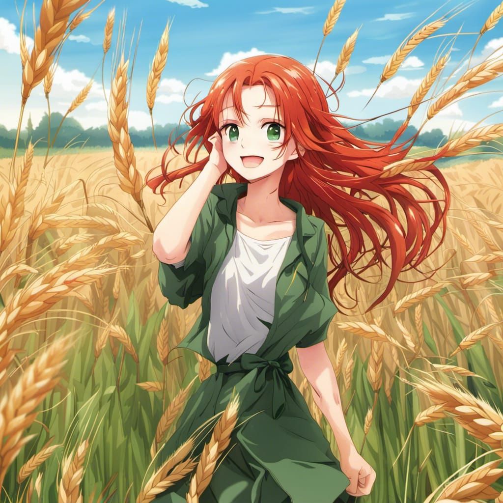 Red-Haired Woman in Wheat Field, Anime Style