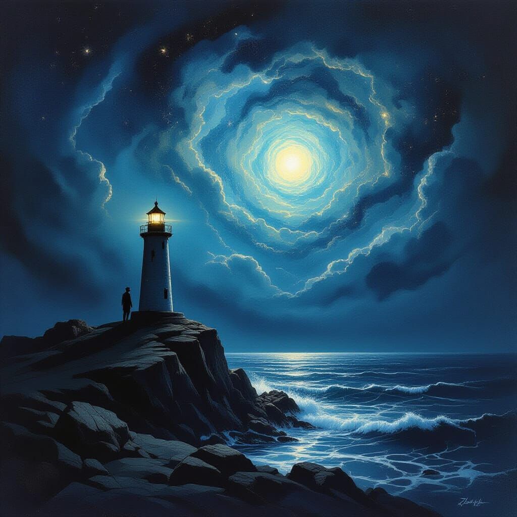 Lighthouse Keeper Amidst Bioluminescent Ocean and Nebula Sky