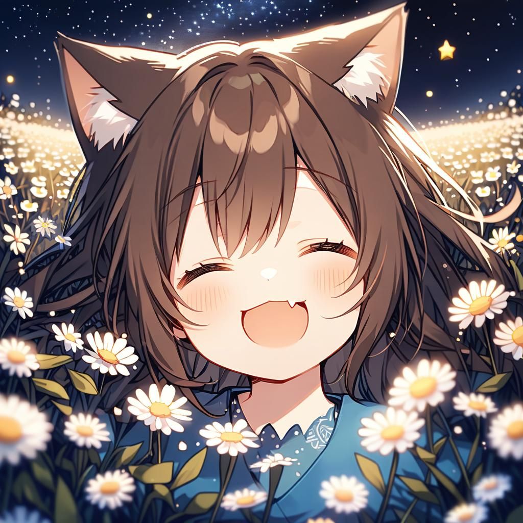 Cute Catgirl in Flowery Field at Night