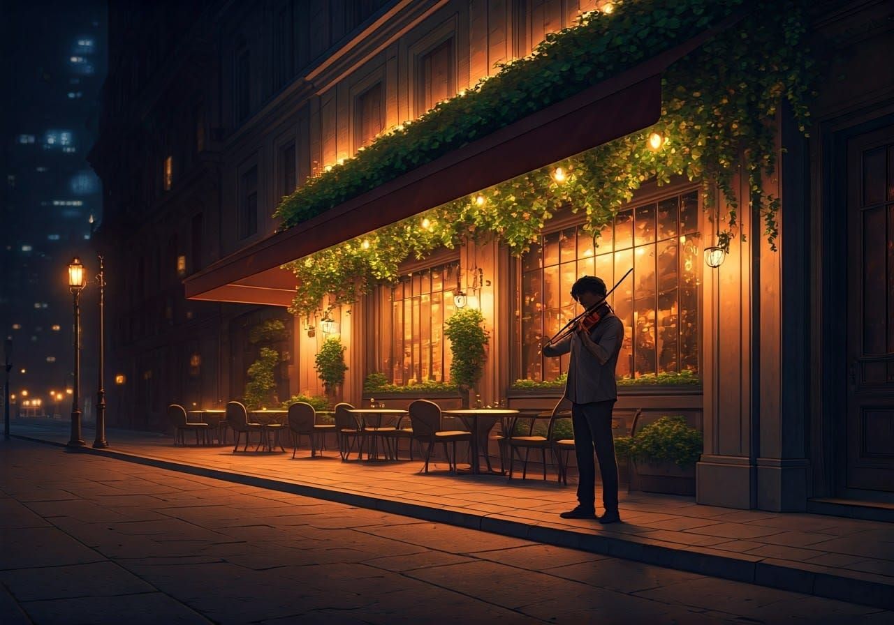 Night Violinist in Futuristic Restaurant Setting