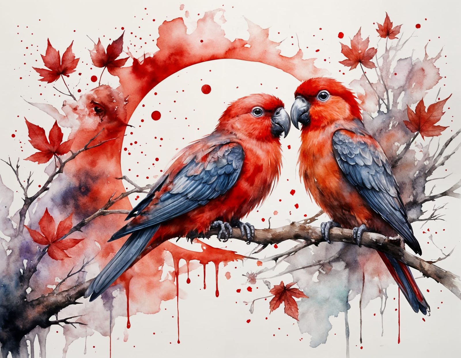 Red Lovebirds Romance Under a Crimson Moon