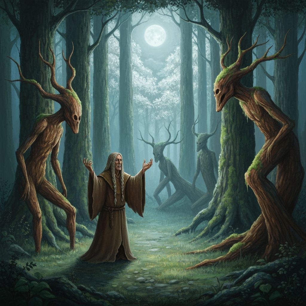Druid Summons Log Creatures in Moonlit Forest