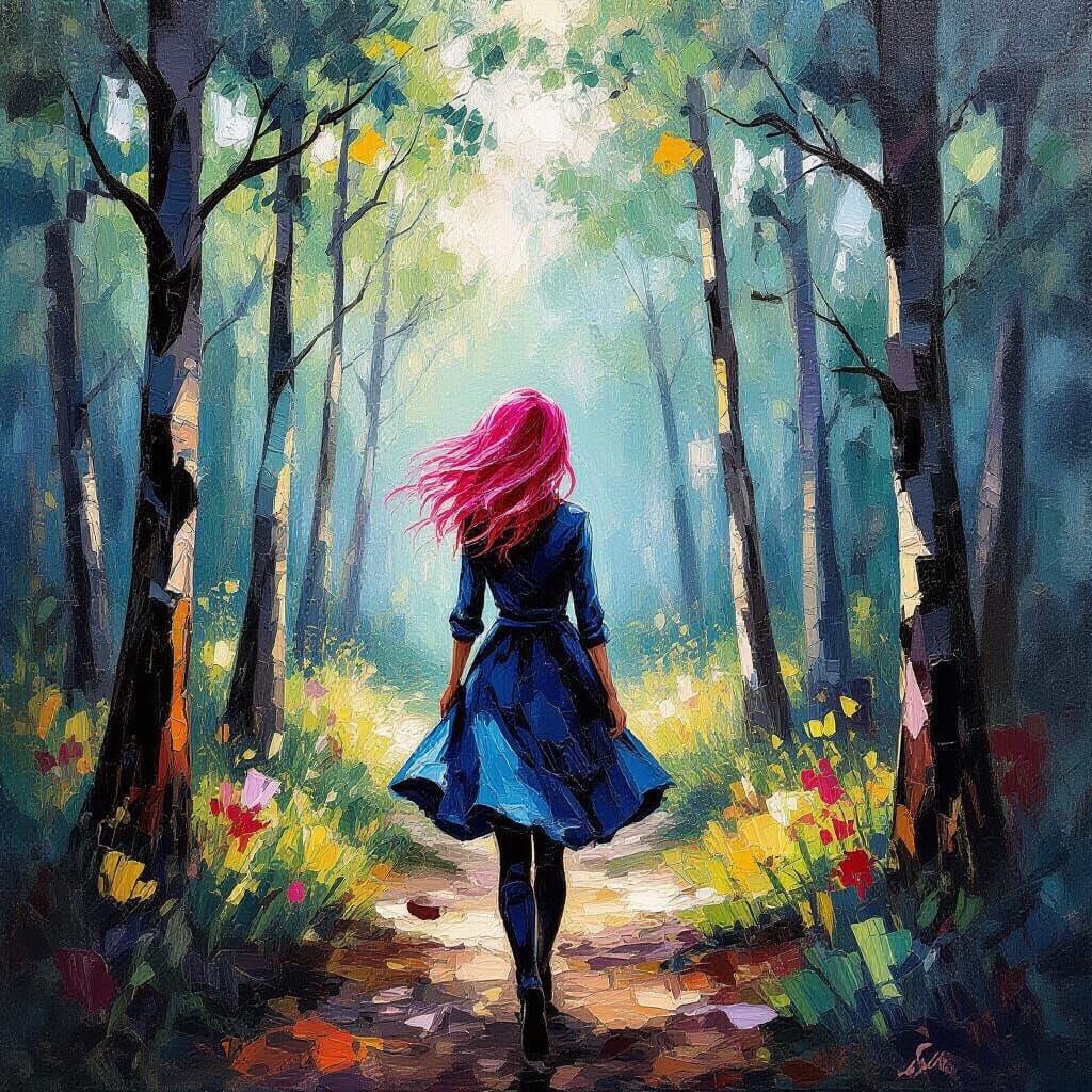 Pink Haired Woman Walks into Woods - Neo-Impressionist Style