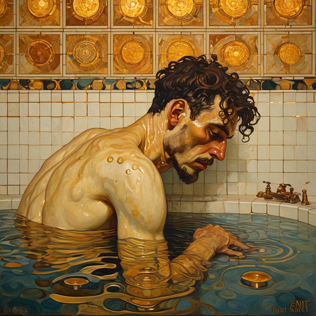 Man in Bath: Symbolist Oil Painting in Klimt Style