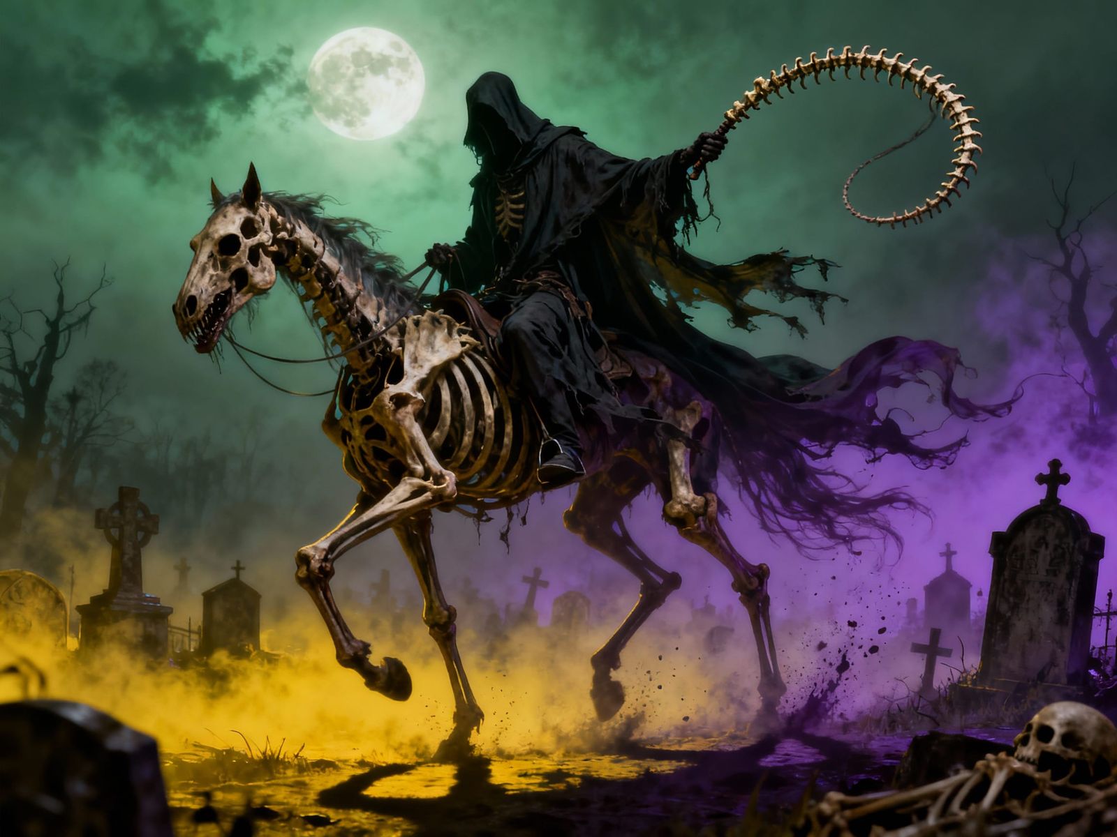 Gothic Horror Dullahan on Skeletal Horse in Moonlit Graveyar...