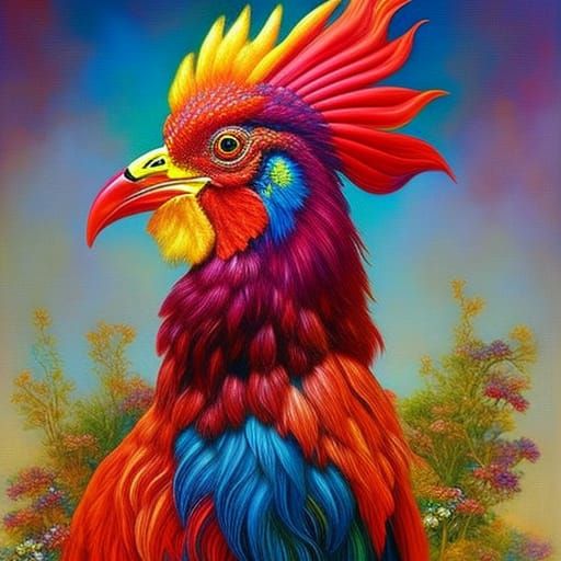 Detailed Rooster Portrait in Surrealist Style