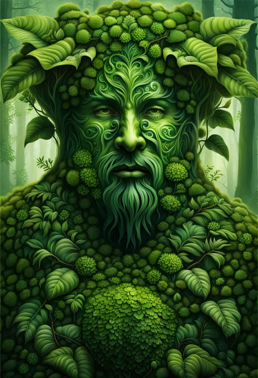 Green Man Portrait in Forest, Digital Matte Painting