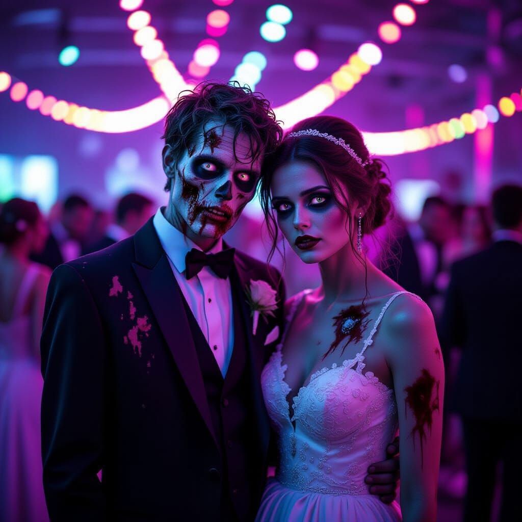 Zombie Couple at Prom Night in Hyperrealistic Style
