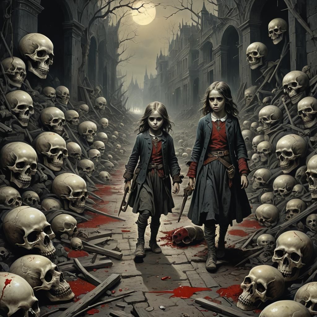 Horrific Abandoned Landscape with Girl in Doré Style