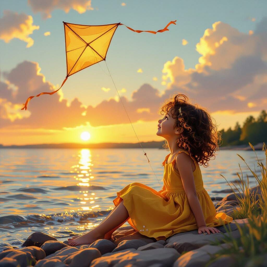 Girl with Kite by Lake at Golden Hour