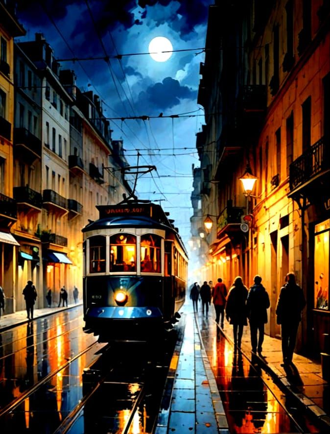Lisbon Nightscape in Impasto Impressionist Style