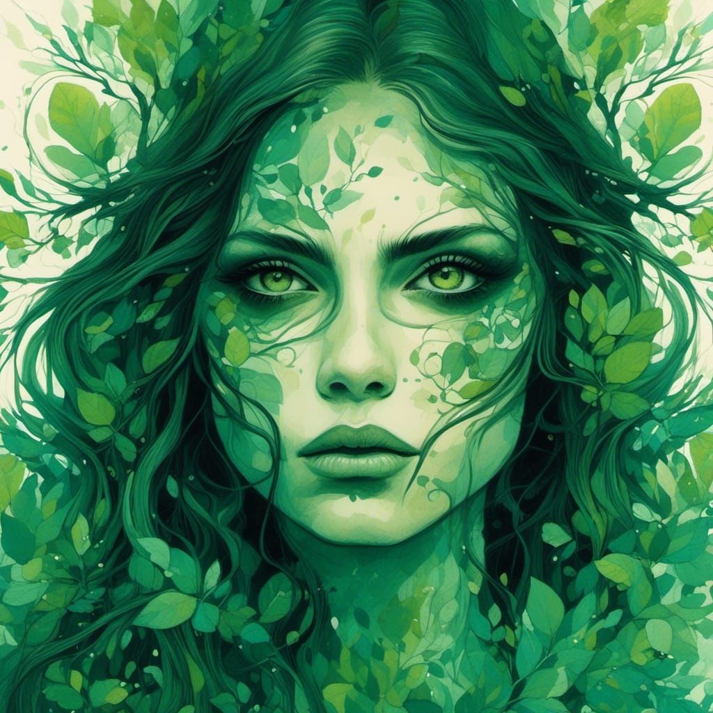 Double Exposure: Green Eyes Reflect Dark Fantasy