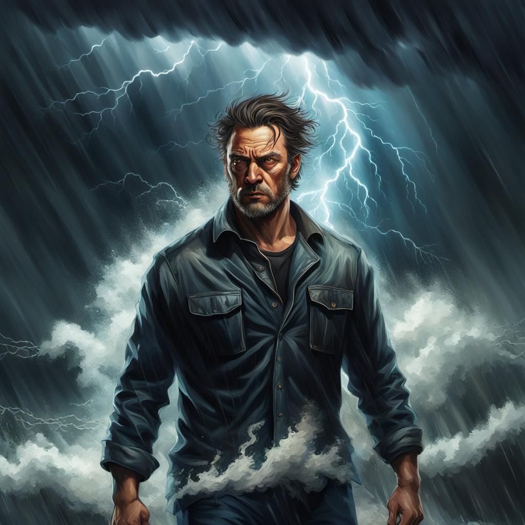 Resilience: Man Stands Firm in Hyperrealistic Storm