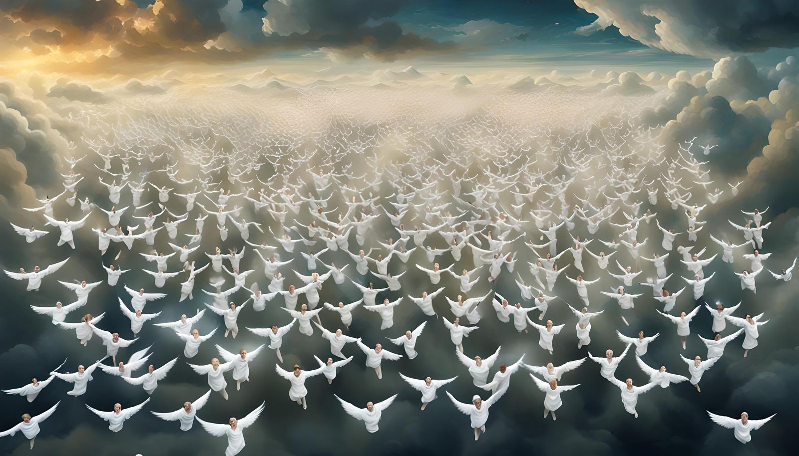 Angelic Army Flies Over Night Landscape: Hyperrealistic Art