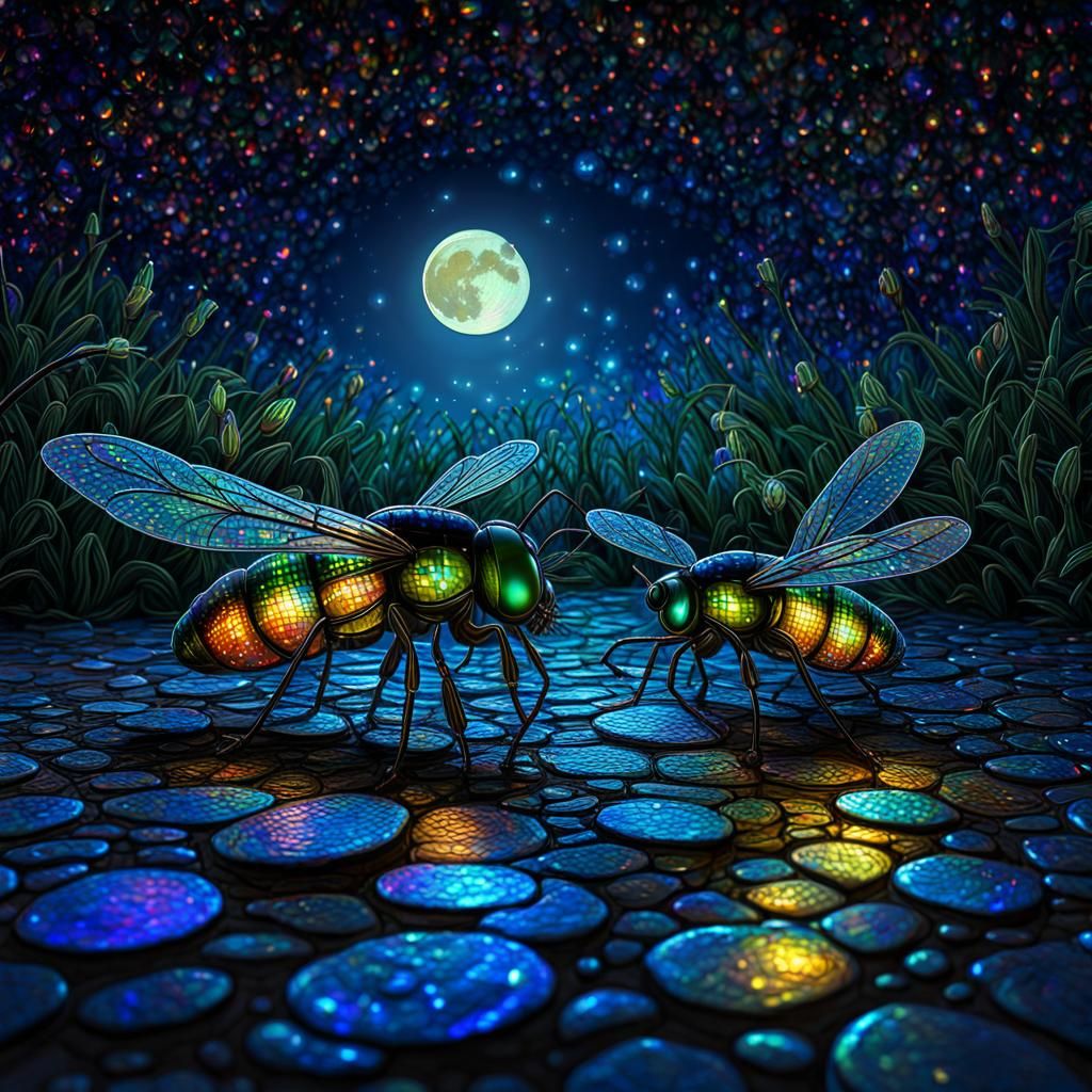Iridescent fireflies at night. Brilliant bright colours and ...
