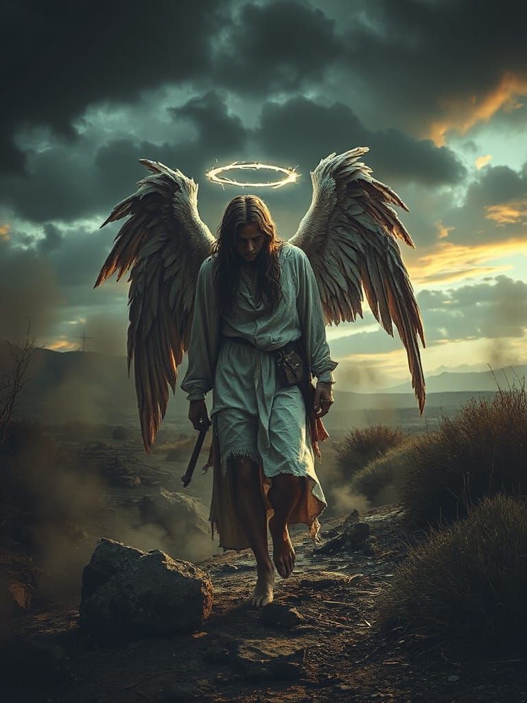 Cursed Angel Limping in Desolate Landscape