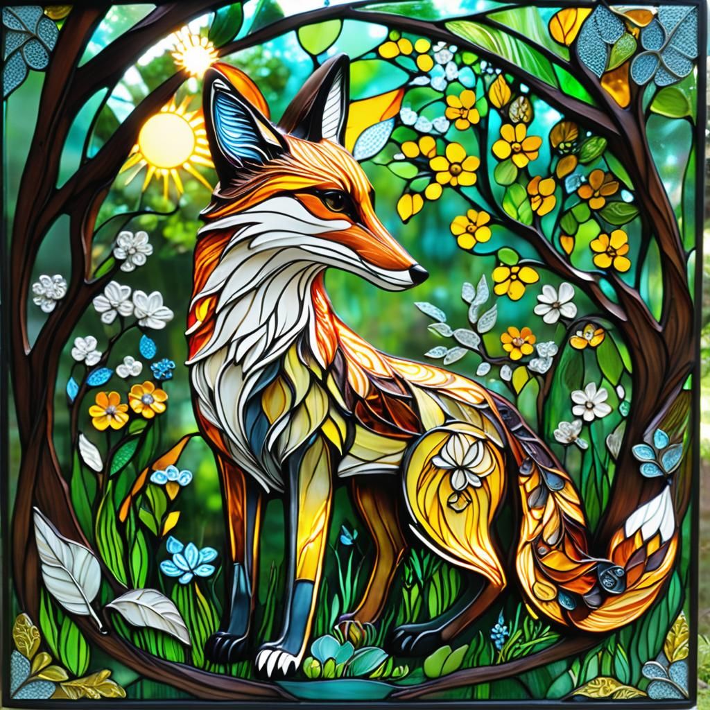Stained Glass Zentangle Fox Under Sunlit Tree