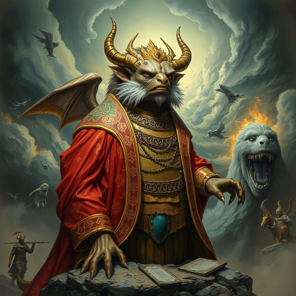 Regal Creature Amidst Swirling Storms, in Fantasy Art Style