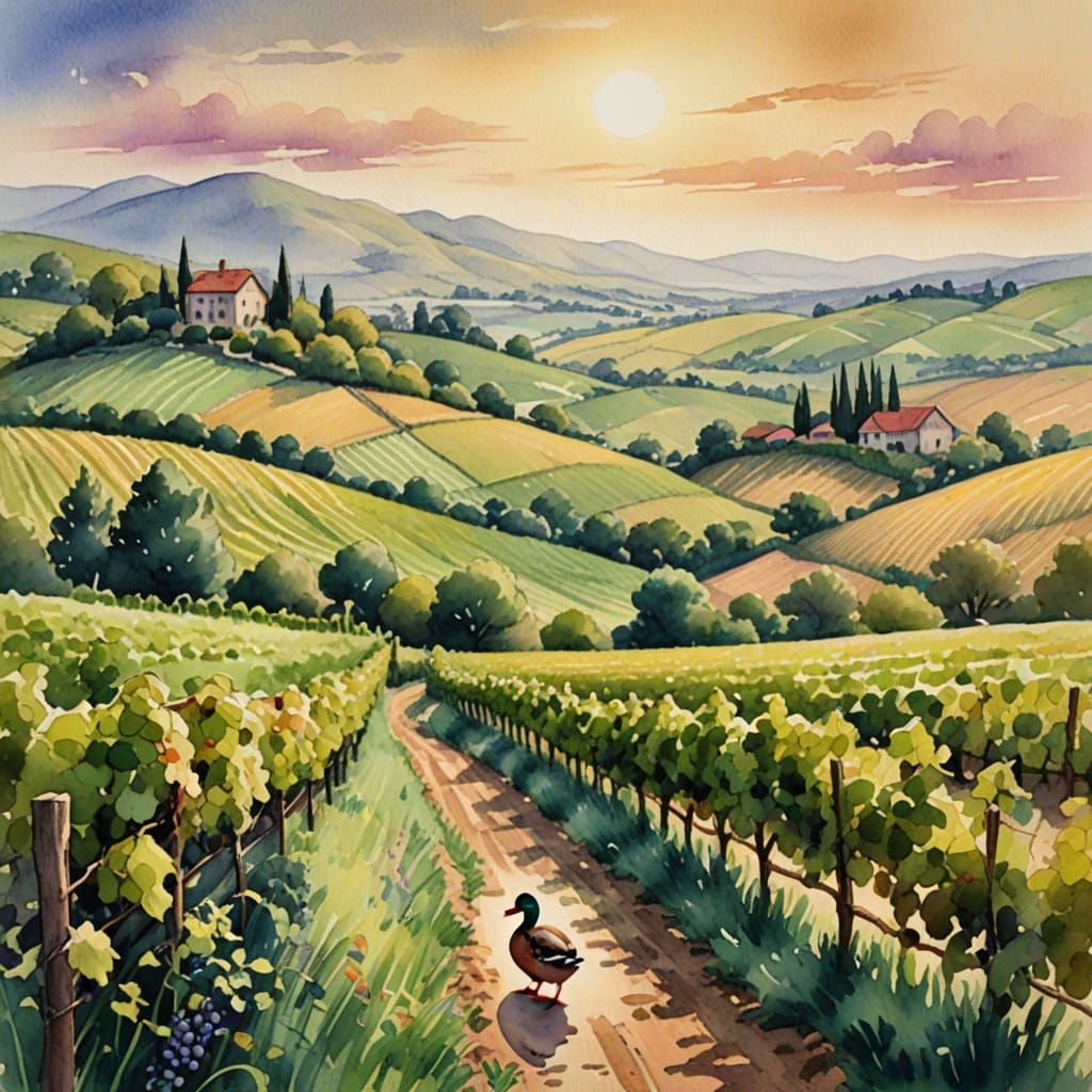 Whimsical Watercolor Landscape with Duck Amidst Rolling Hill...