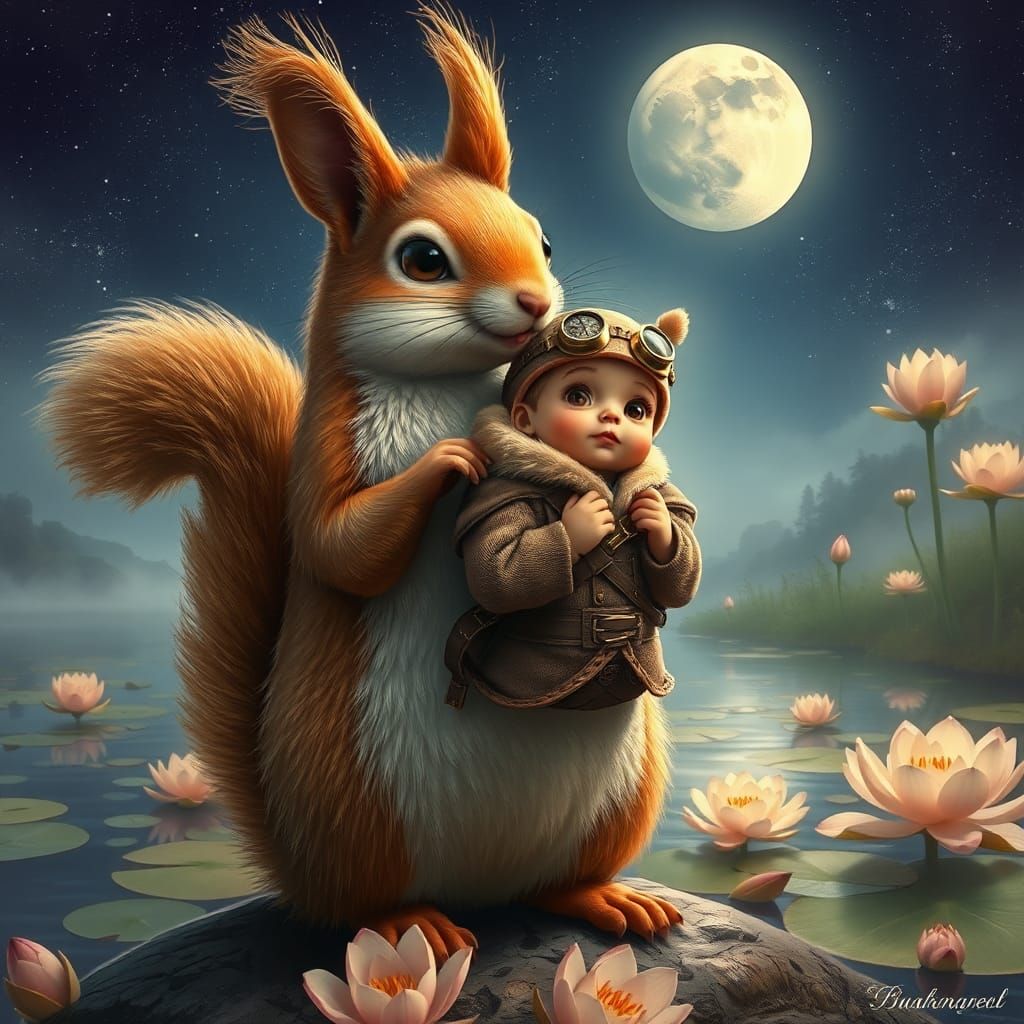 Squirrel and Child in Starry Steampunk Landscape