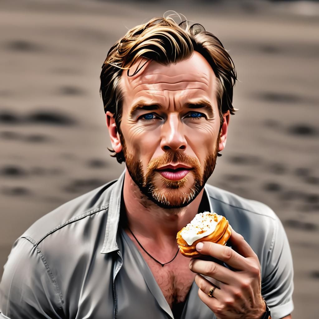 Ewan McGregor on a Beach with Éclair