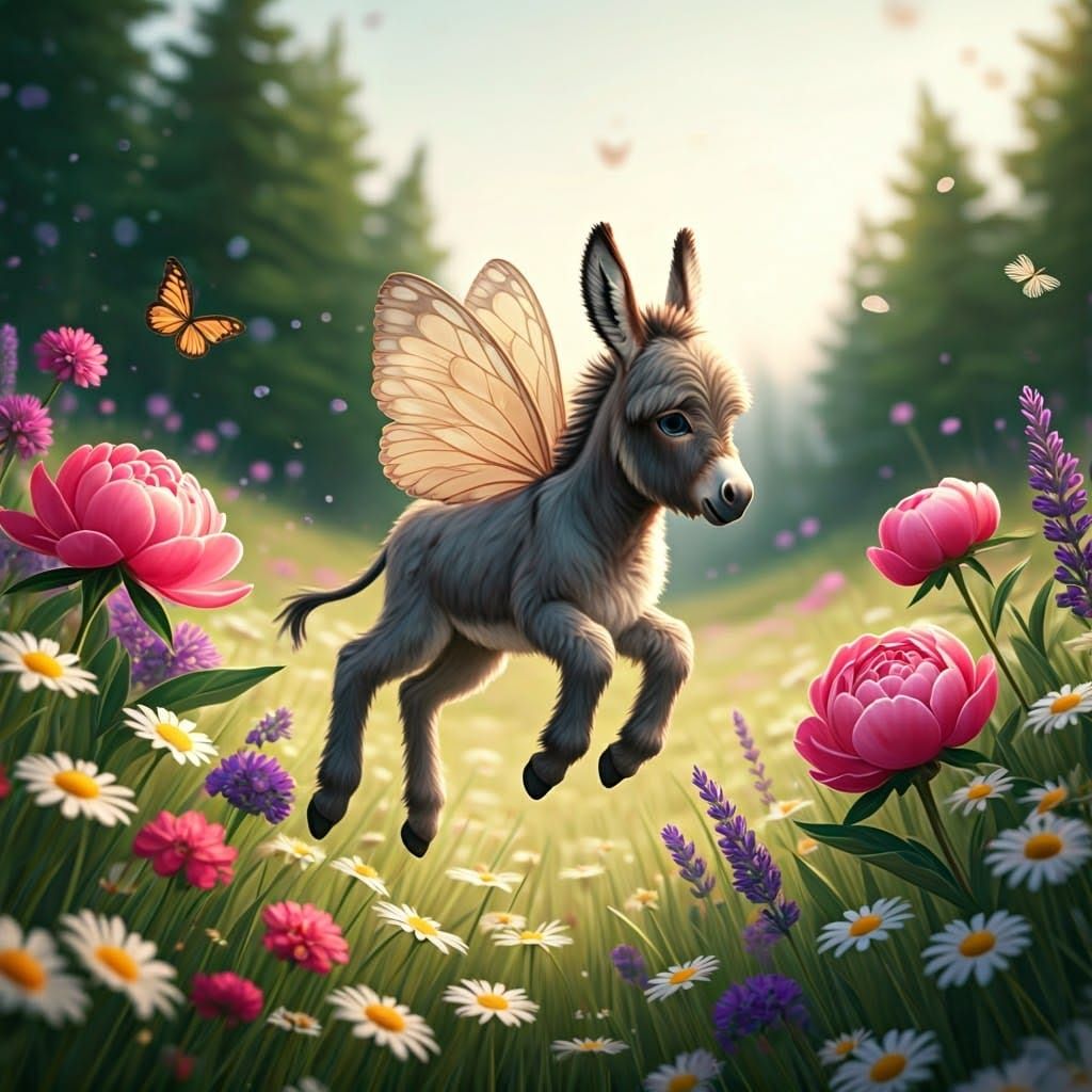 Winged Donkey in Whimsical Flower Meadow