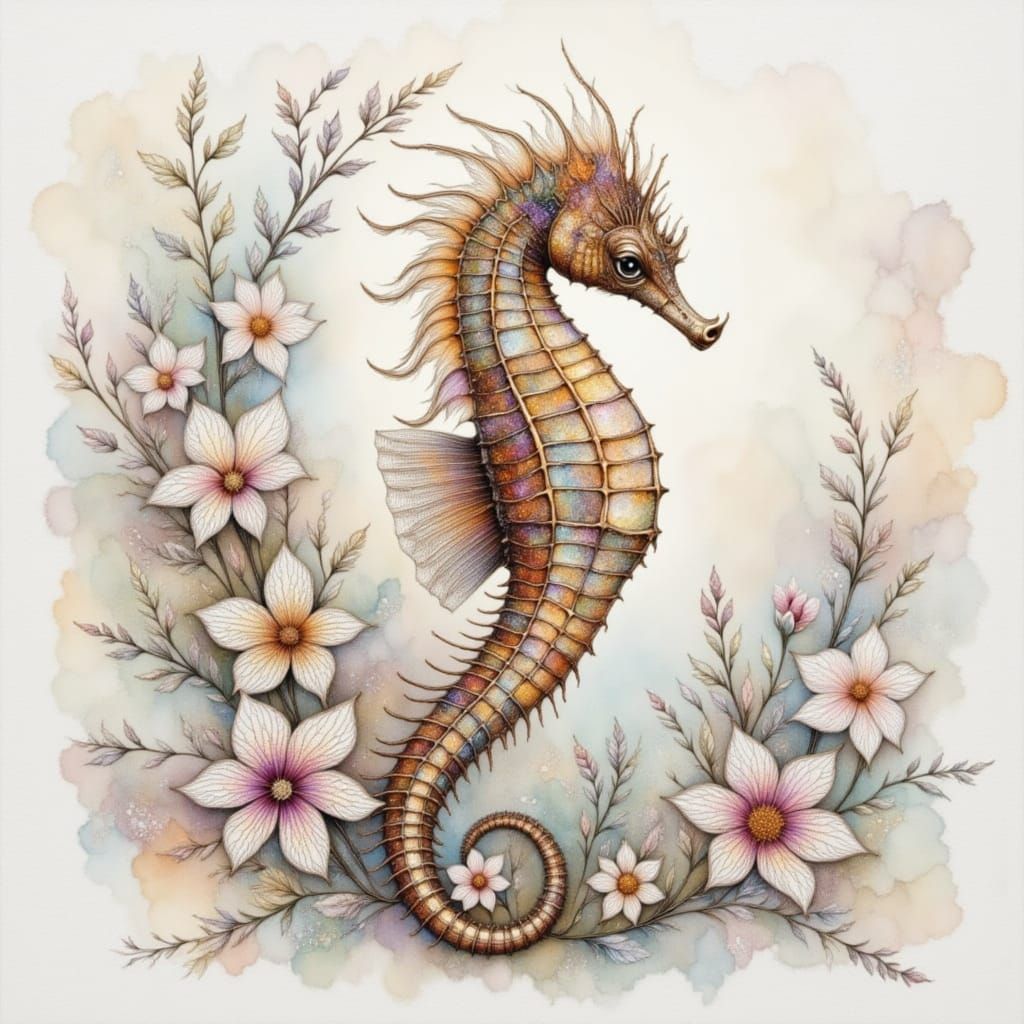 Seahorse in Misty Haze Watercolor Drawing