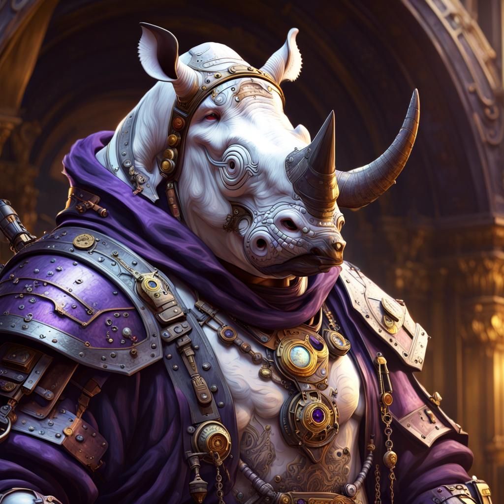 Steampunk Albino Rhino Bounty Hunter in Dark Fantasy Style