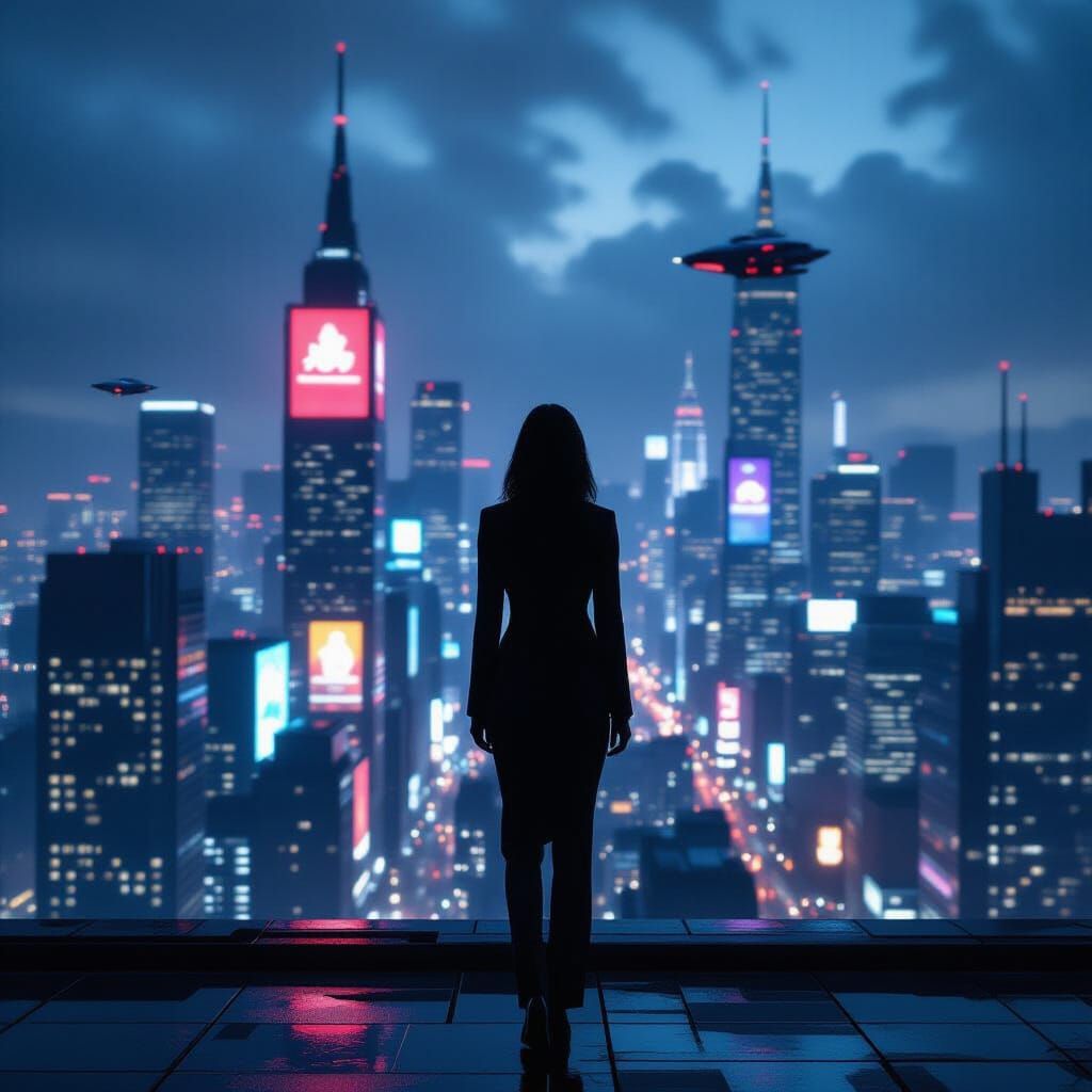 Businesswoman Overlooking Neon Metropolis in Cyberpunk Style
