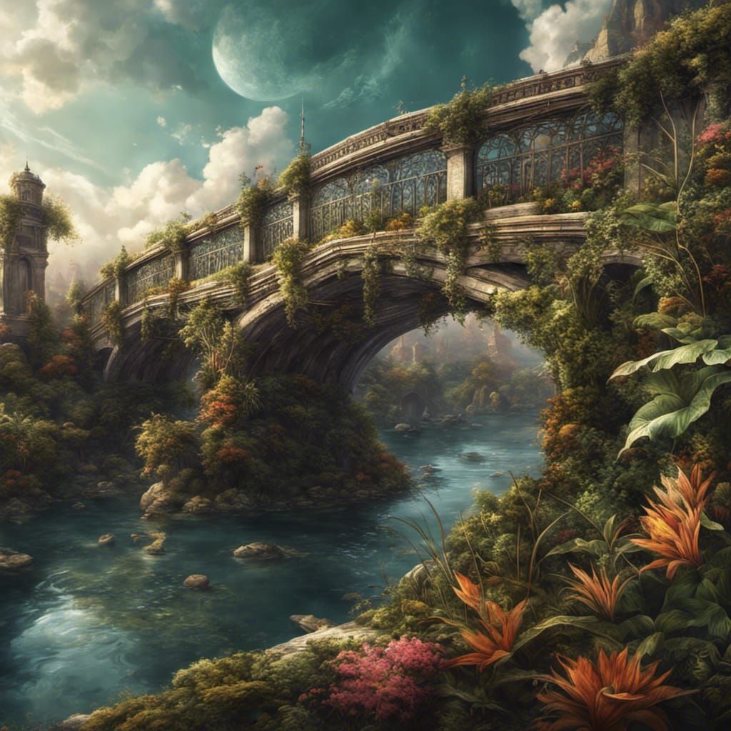 Ornate Bridge with Plant Life: Digital Masterpiece