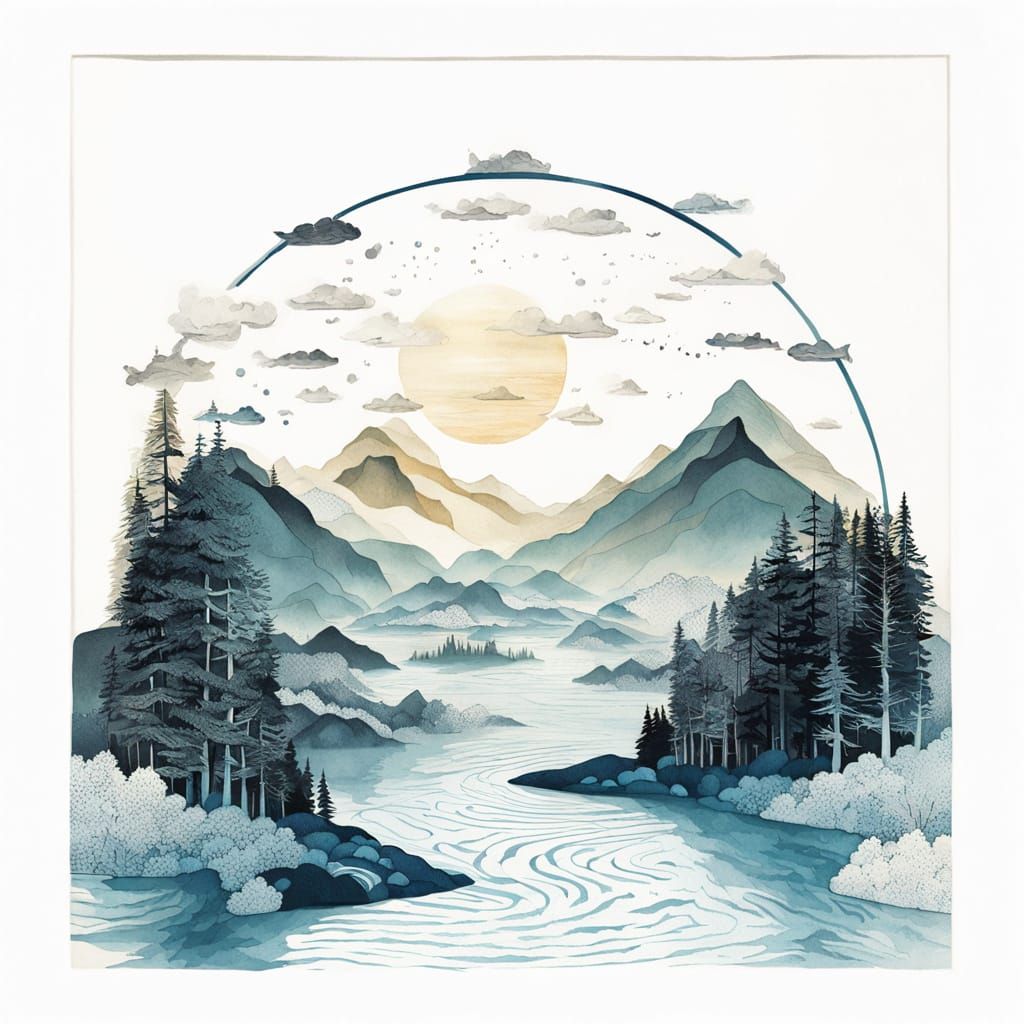 Maximalist Water Cycle Illustration in Subdued Pastel Colors