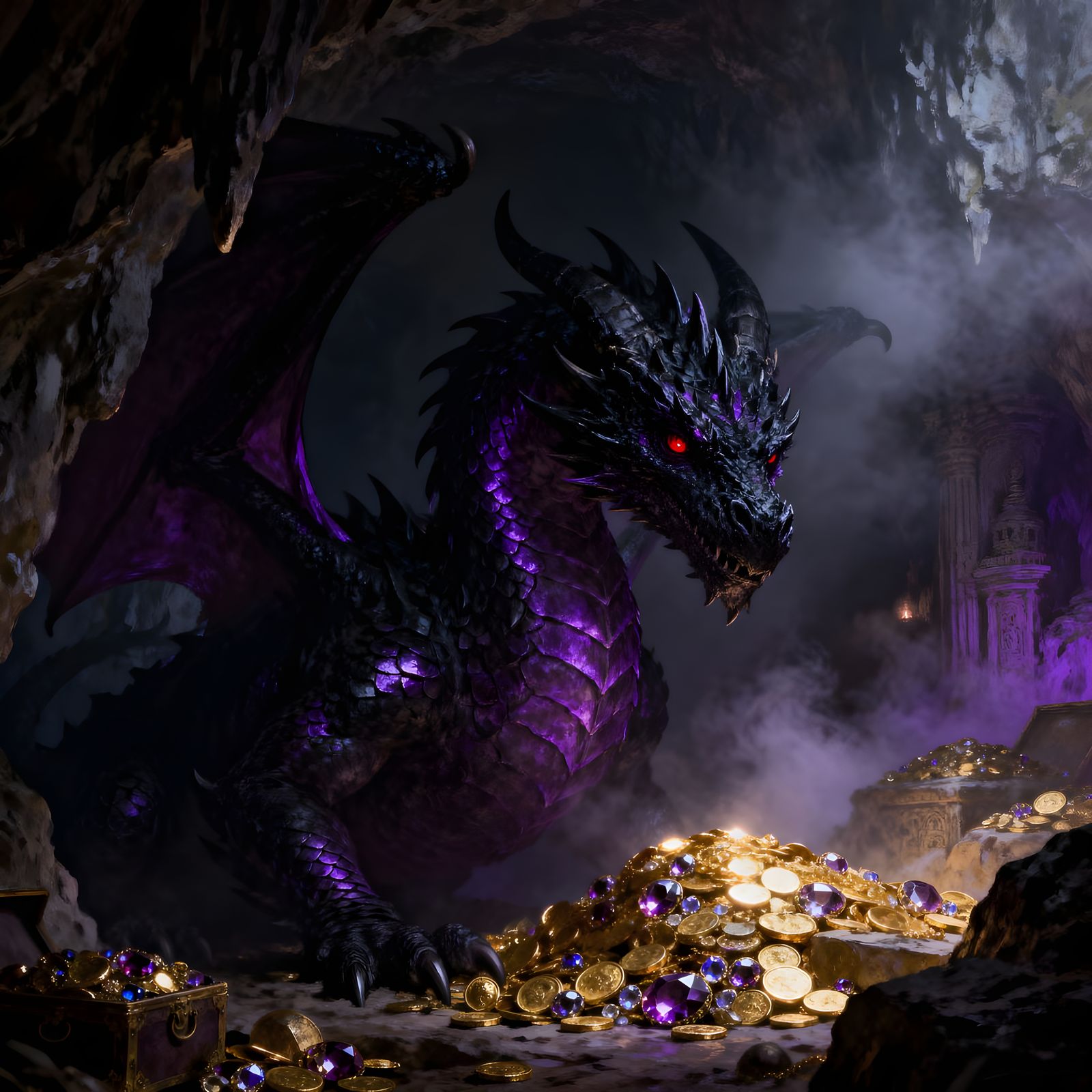 Shimmering Dragon Glowers From Dark Cave With Treasure