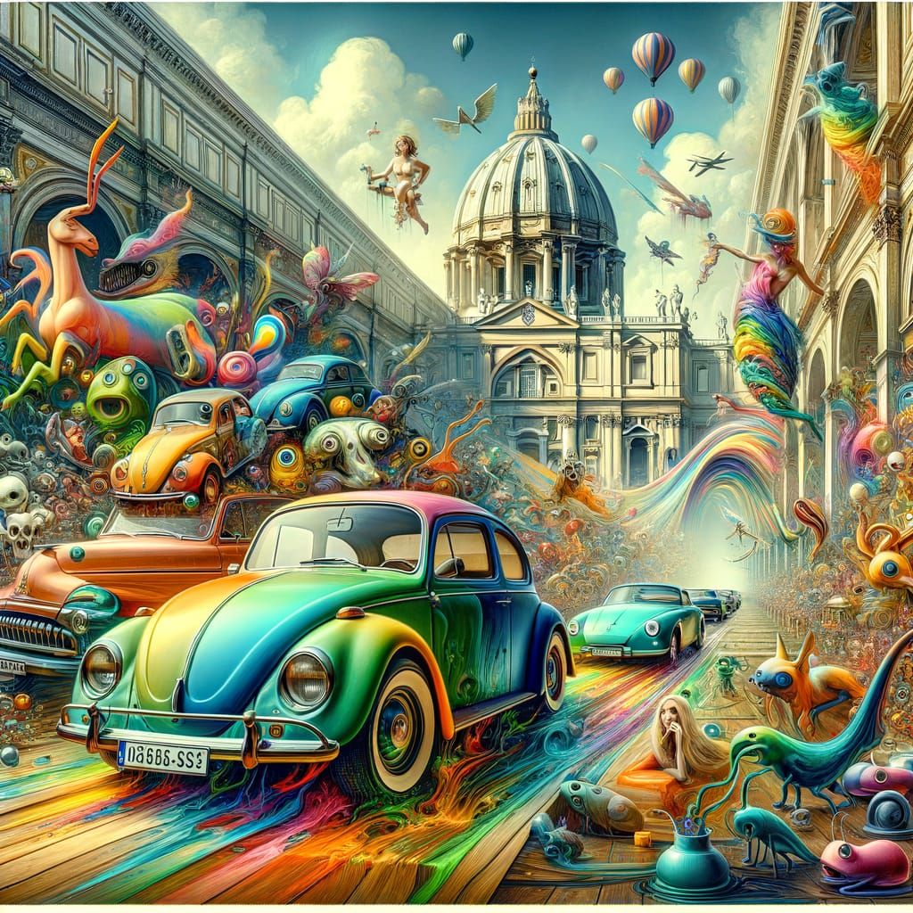 Fantastic Cars and Creatures in Surrealist Style