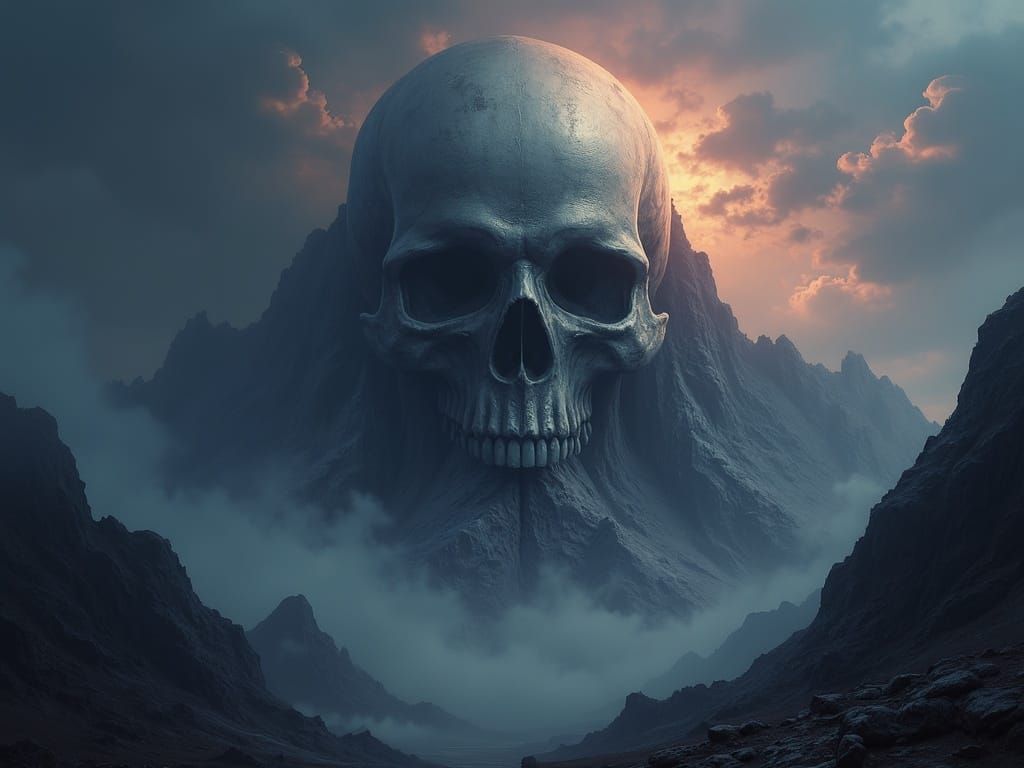 Macabre Skull Mountain in Dark Fantasy Oil Style