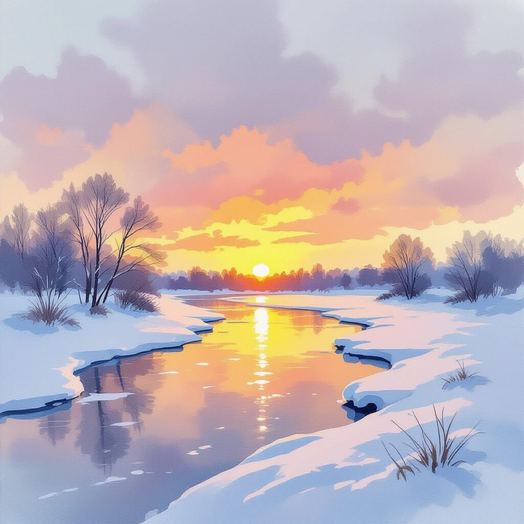 Winter Sunset River Landscape as Watercolor Painting