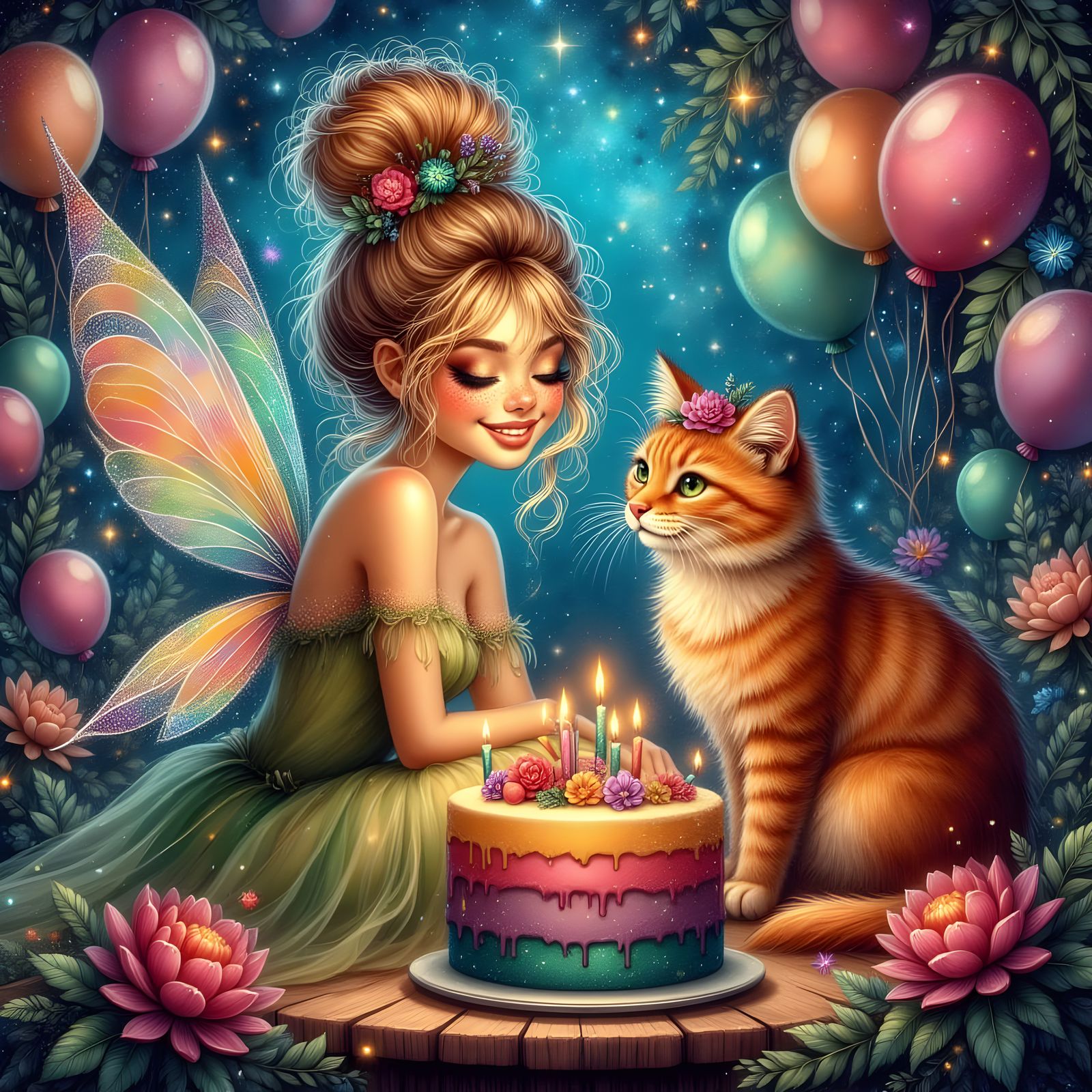 Fairy and Orange Cat Celebrate Birthday With Cake and Balloo...